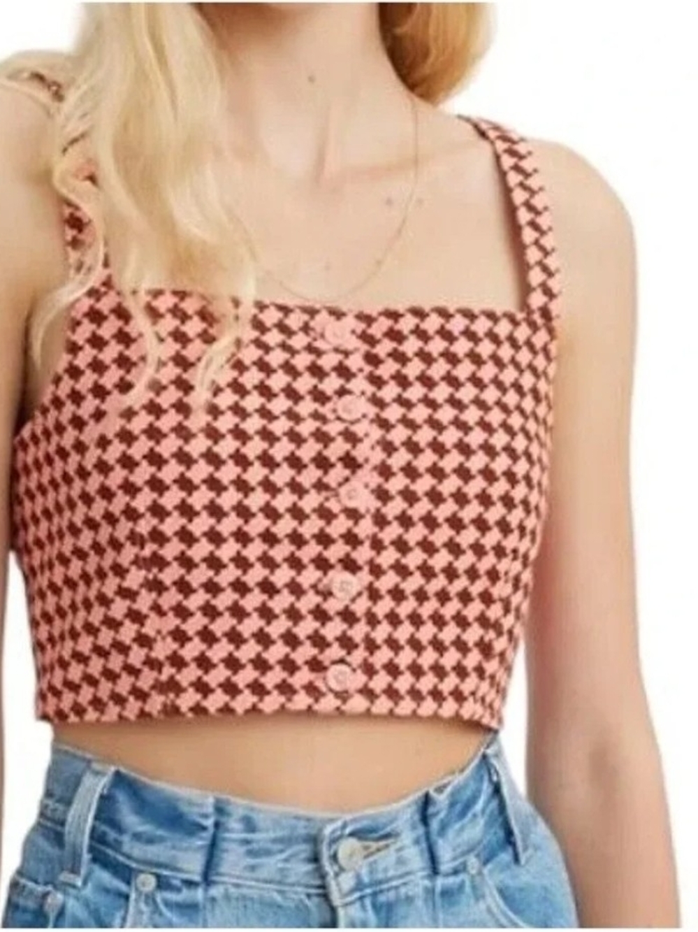 Levi's Nadia Crop Top pink and brown houndstooth pattern and a button Front